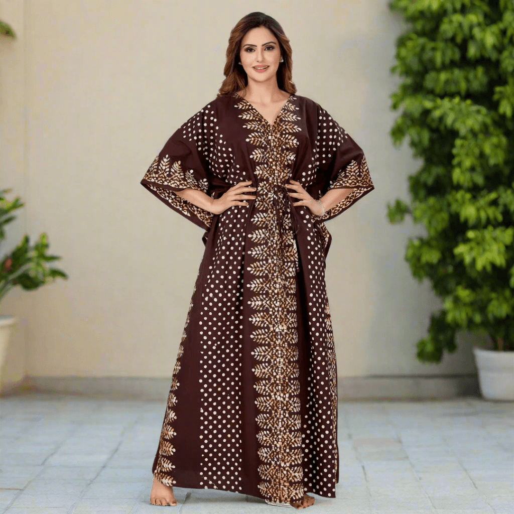 K005 - Brown Dotted, Hand Dyed Batik, 100% Cotton Kaftan. - thekaftanshop.com