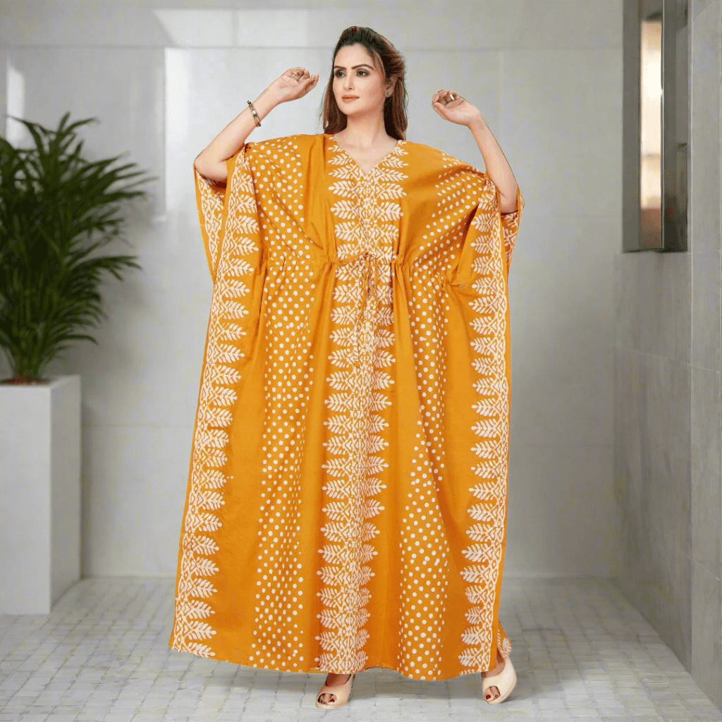 K002 - Yellow Dotted, Hand Dyed Batik, 100% Cotton Kaftan - thekaftanshop.com