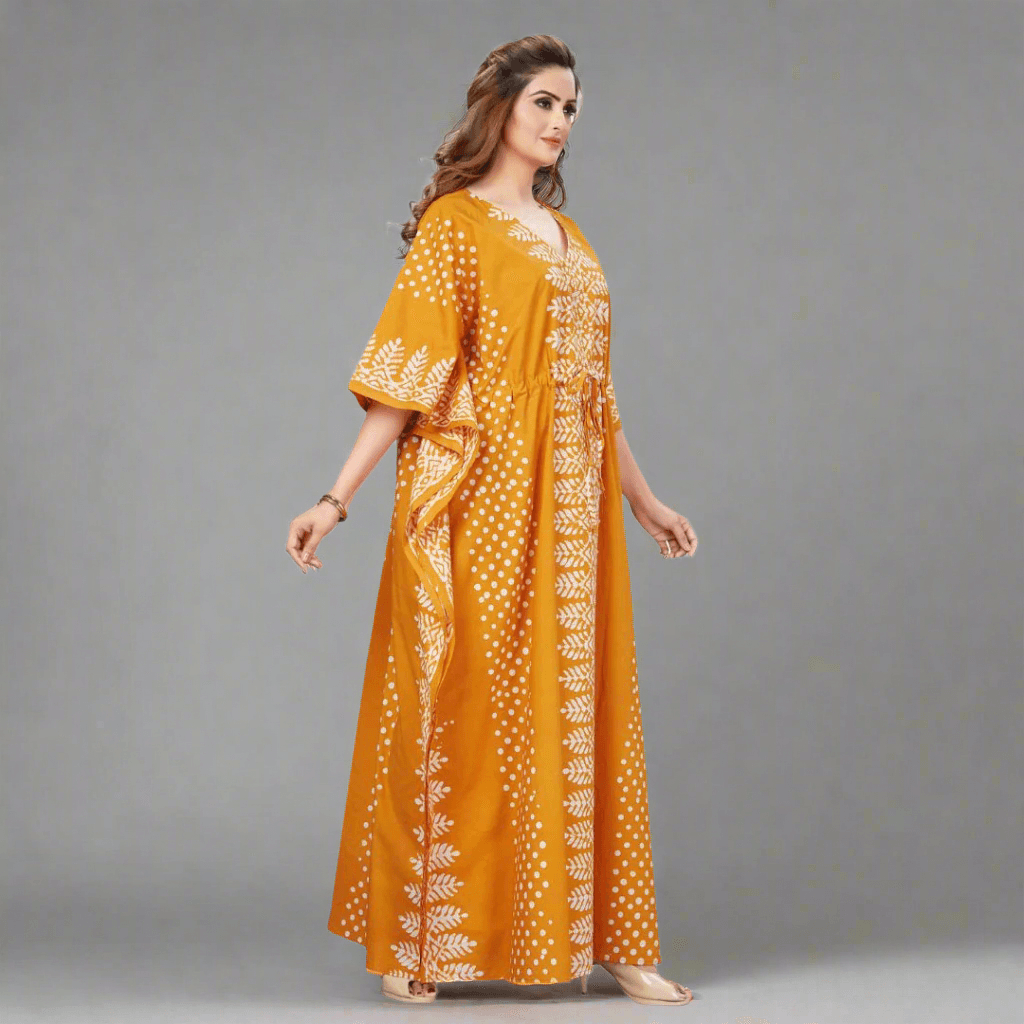 K002 - Yellow Dotted, Hand Dyed Batik, 100% Cotton Kaftan - thekaftanshop.com