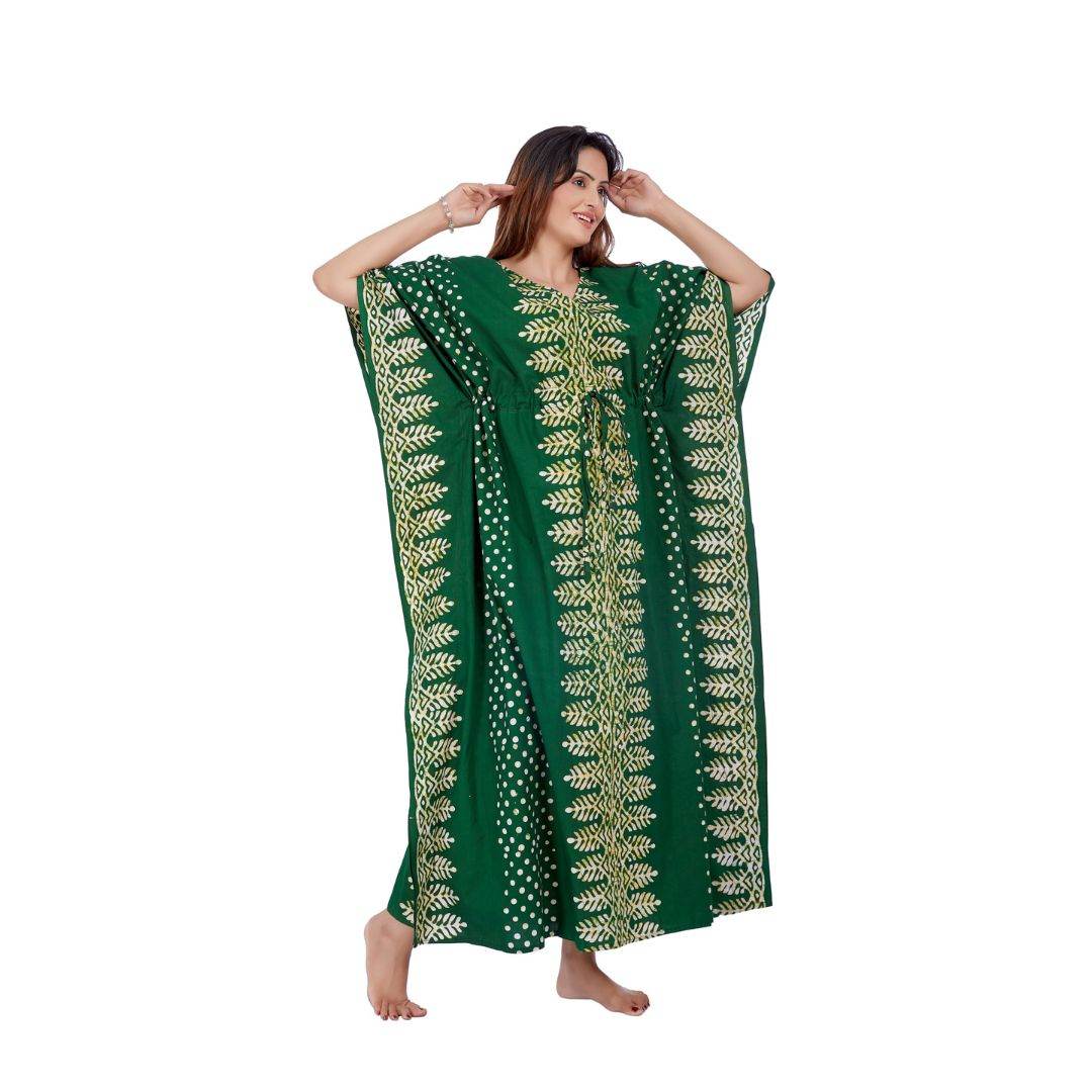 K006 - Green Dotted, Hand Dyed Batik, 100% Cotton Kaftan - thekaftanshop.com