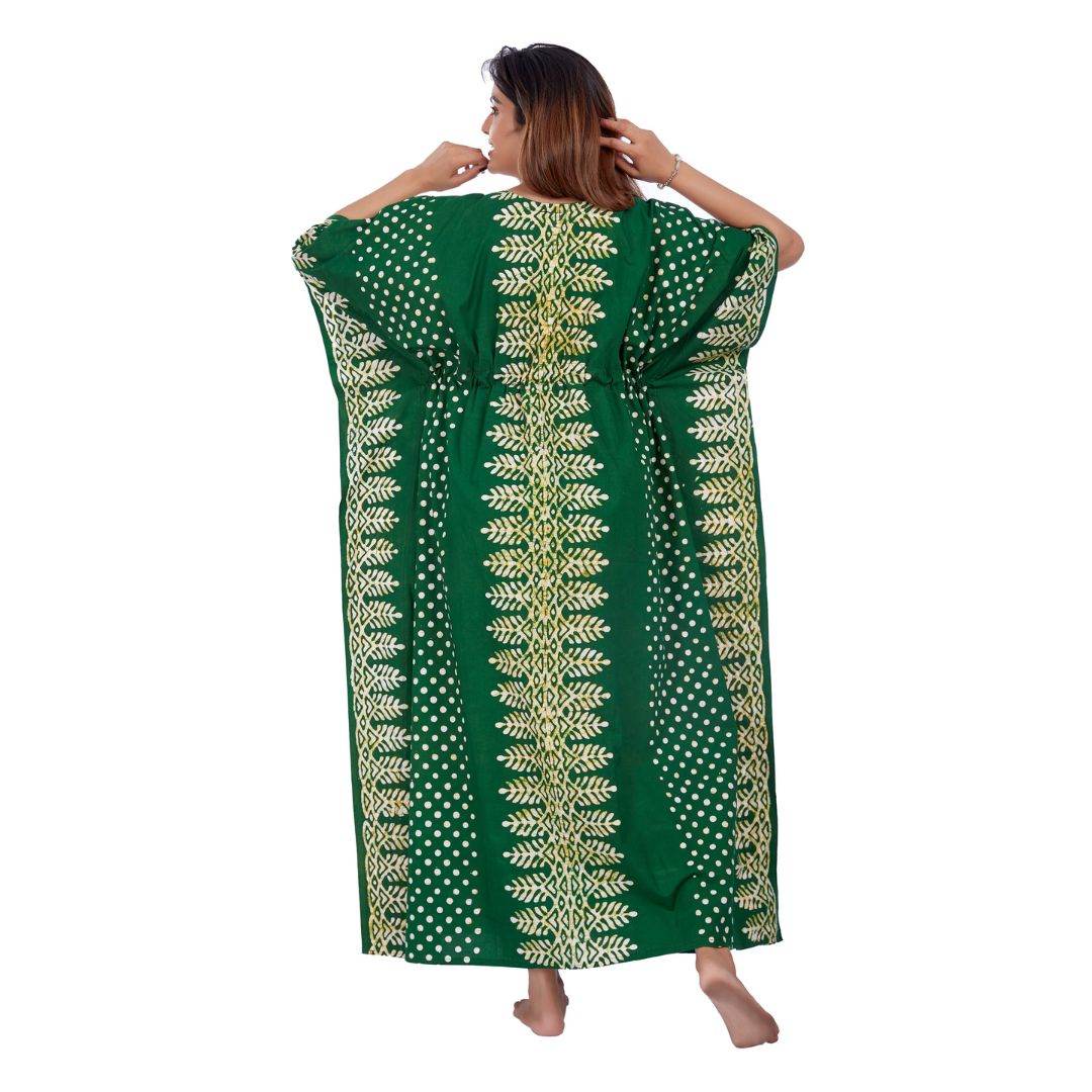 K006 - Green Dotted, Hand Dyed Batik, 100% Cotton Kaftan - thekaftanshop.com
