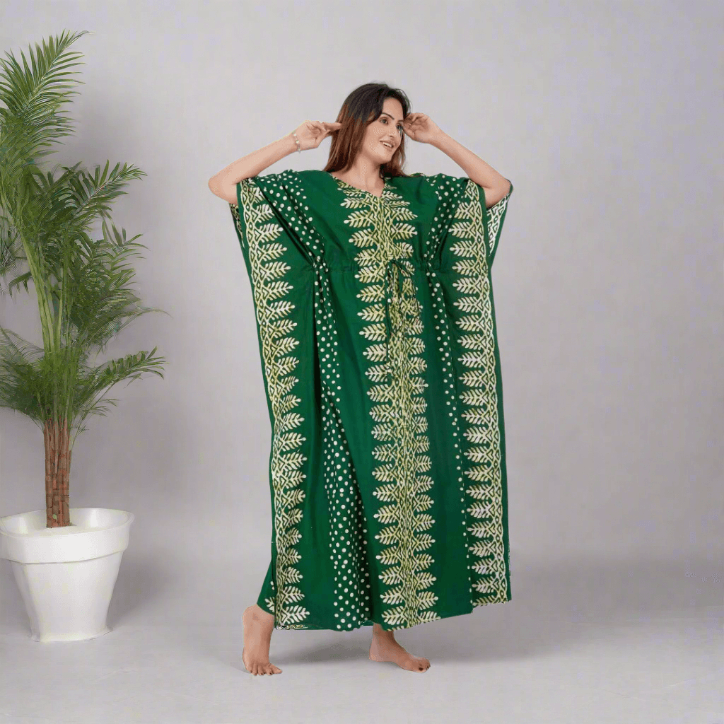 K006 - Green Dotted, Hand Dyed Batik, 100% Cotton Kaftan - thekaftanshop.com