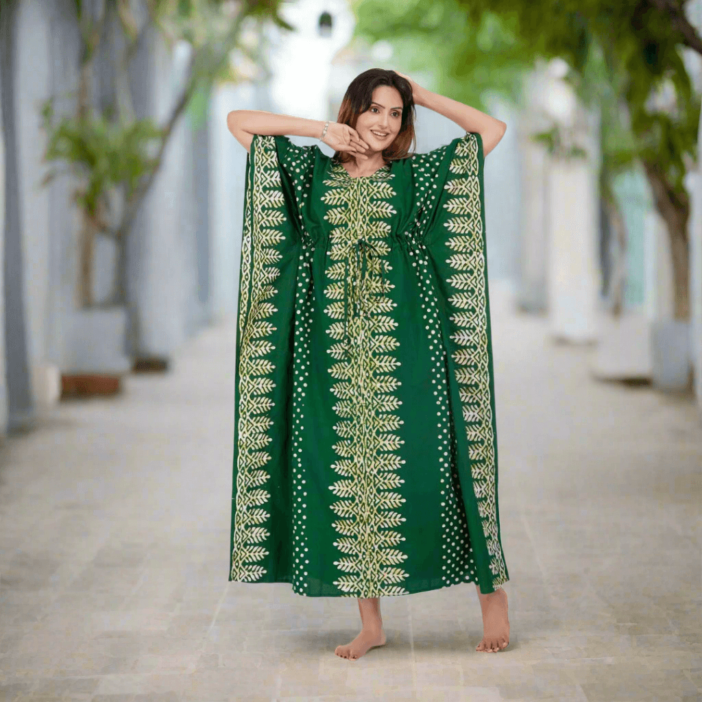 K006 - Green Dotted, Hand Dyed Batik, 100% Cotton Kaftan - thekaftanshop.com