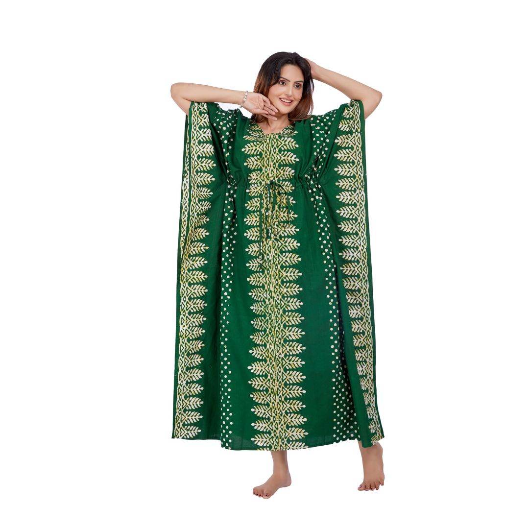 K006 - Green Dotted, Hand Dyed Batik, 100% Cotton Kaftan - thekaftanshop.com