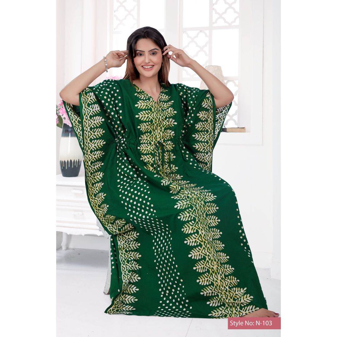 K006 - Green Dotted, Hand Dyed Batik, 100% Cotton Kaftan - thekaftanshop.com