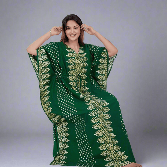 K006 - Green Dotted, Hand Dyed Batik, 100% Cotton Kaftan - thekaftanshop.com