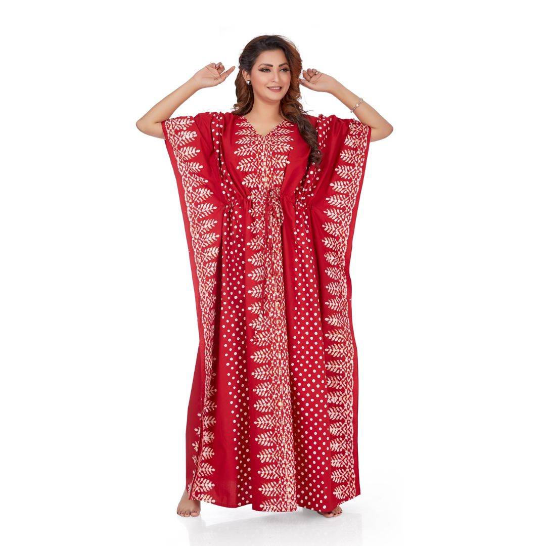 K004 - Red Dotted, Hand Dyed Batik, 100% Cotton Kaftan. - thekaftanshop.com