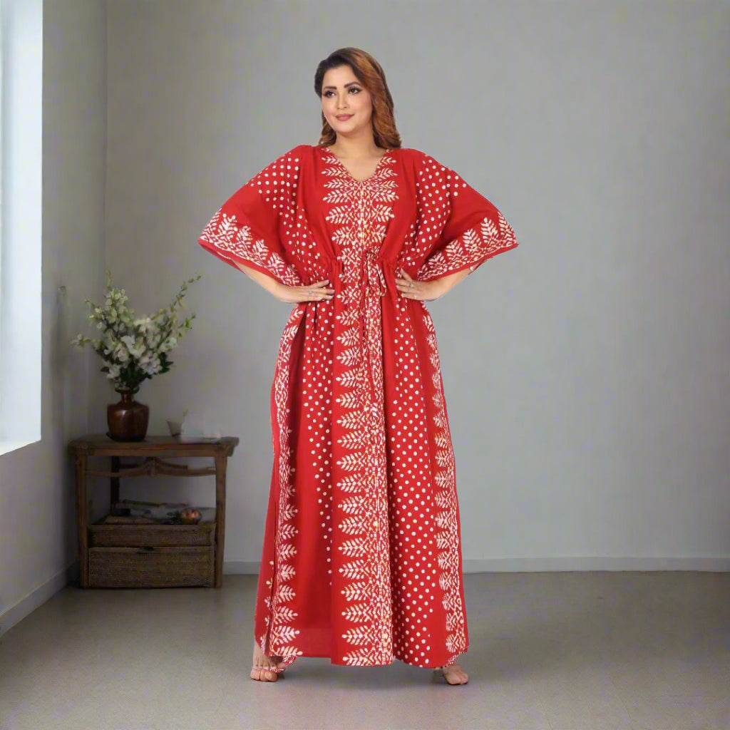 K004 - Red Dotted, Hand Dyed Batik, 100% Cotton Kaftan. - thekaftanshop.com