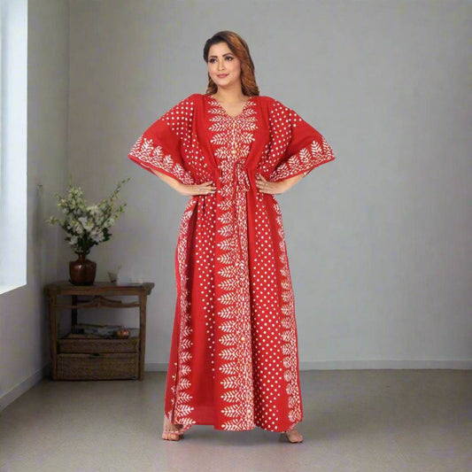 K004 - Red Dotted, Hand Dyed Batik, 100% Cotton Kaftan. - thekaftanshop.com