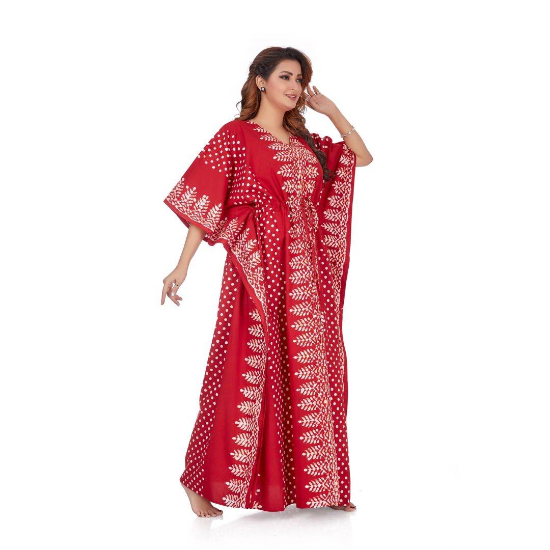 K004 - Red Dotted, Hand Dyed Batik, 100% Cotton Kaftan. - thekaftanshop.com
