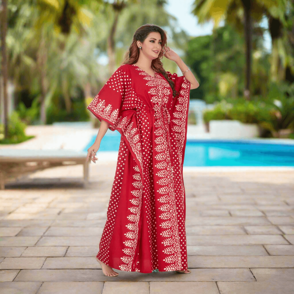 K004 - Red Dotted, Hand Dyed Batik, 100% Cotton Kaftan. - thekaftanshop.com