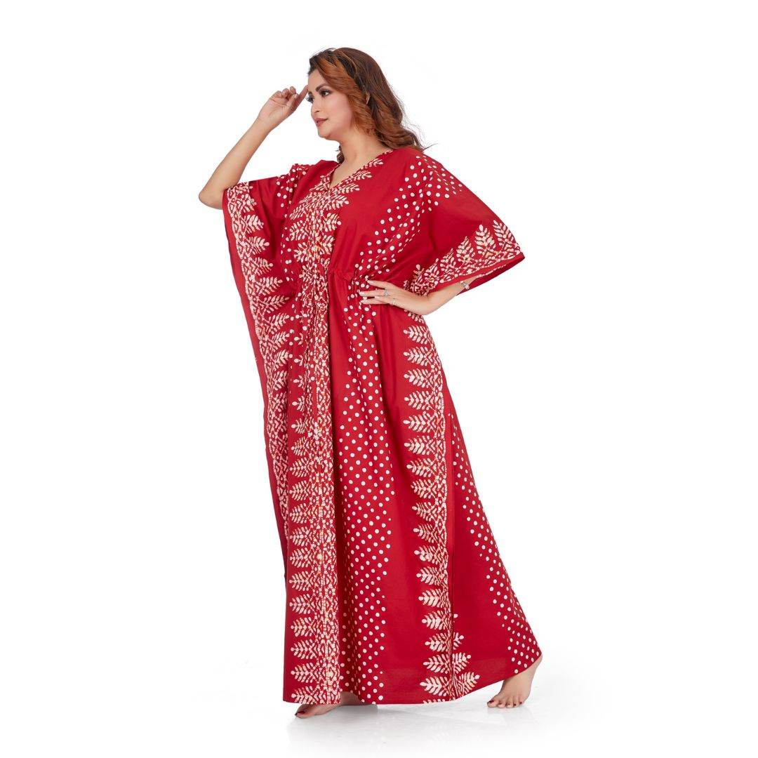 K004 - Red Dotted, Hand Dyed Batik, 100% Cotton Kaftan. - thekaftanshop.com