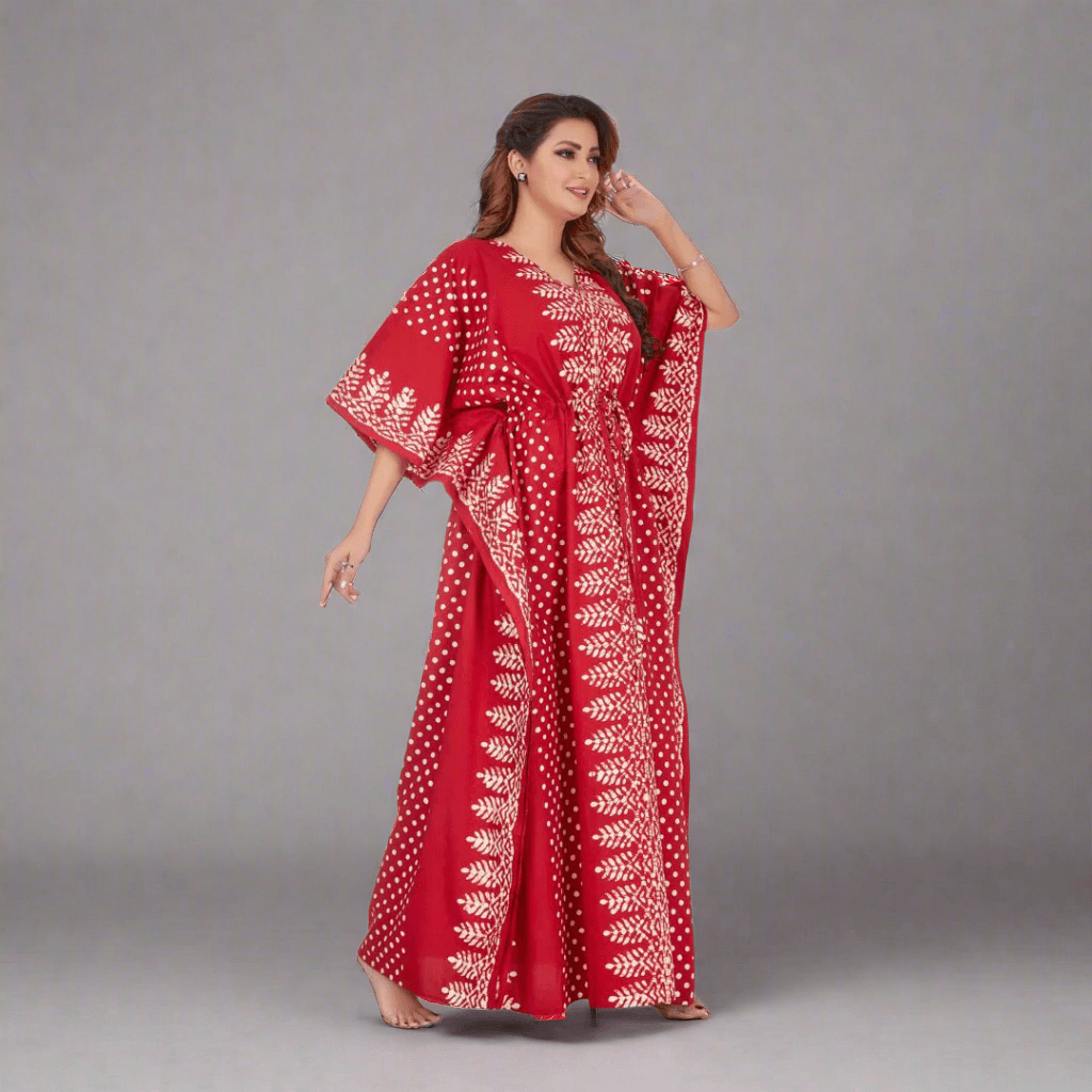 K004 - Red Dotted, Hand Dyed Batik, 100% Cotton Kaftan. - thekaftanshop.com
