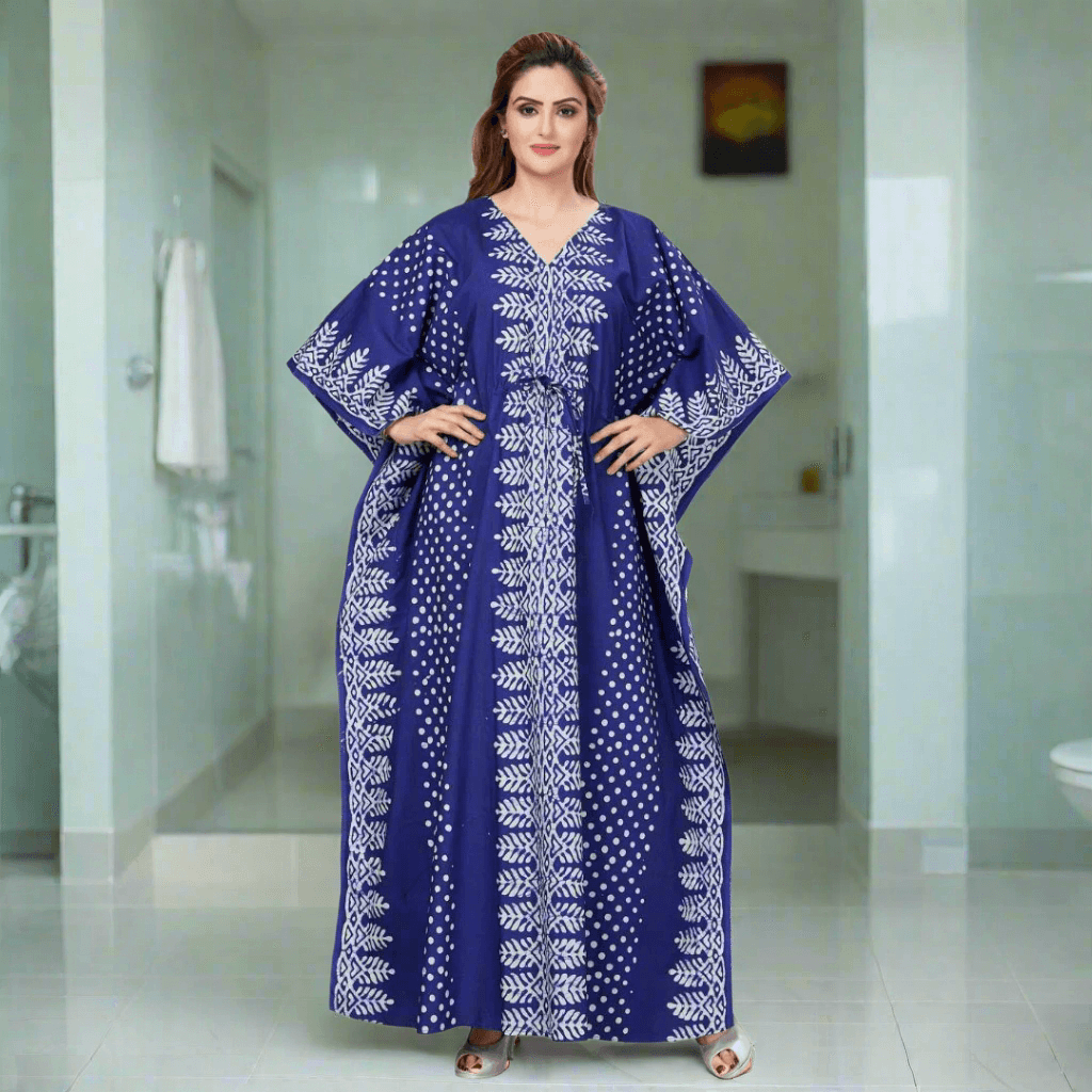 K001 - Blue Dotted, Hand Dyed Batik, 100% Cotton Kaftan. - thekaftanshop.com