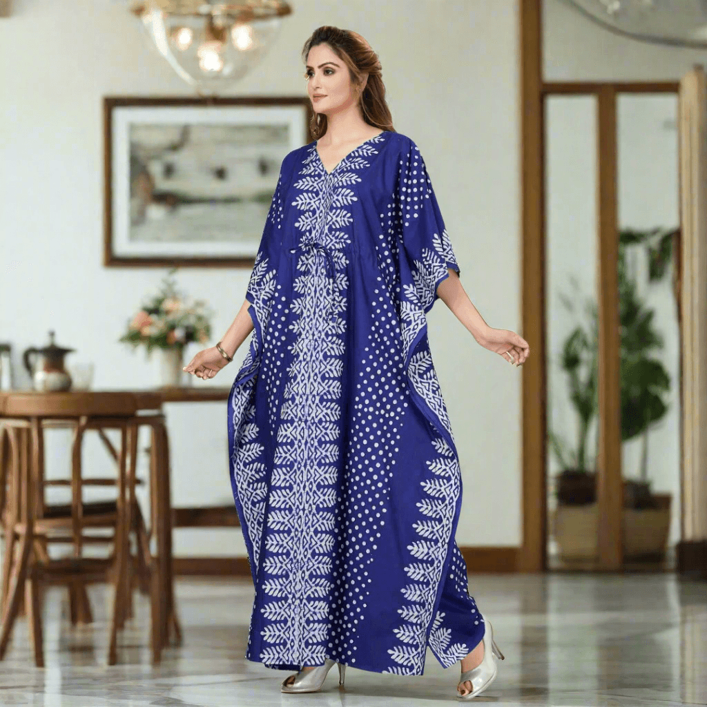 K001 - Blue Dotted, Hand Dyed Batik, 100% Cotton Kaftan. - thekaftanshop.com