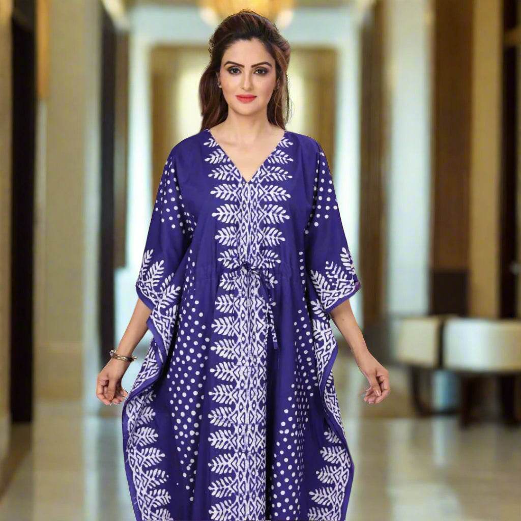 K001 - Blue Dotted, Hand Dyed Batik, 100% Cotton Kaftan. - thekaftanshop.com