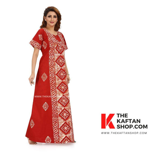 NG080 - Red Diamond Design, Hand Dyed Batik, 100% Cotton Night Gown. - thekaftanshop.com