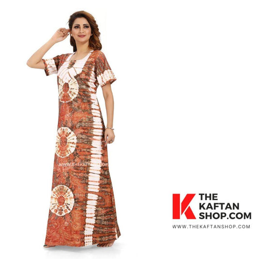 NG092 - Brown Round Tie-Dye, Hand Dyed Batik, 100% Cotton Night Gown - thekaftanshop.com