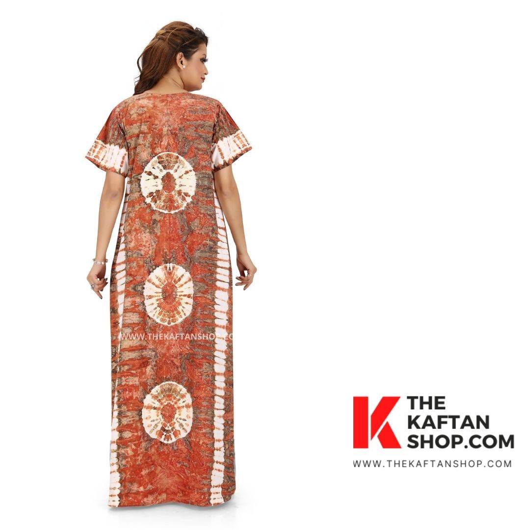 NG092 - Brown Round Tie-Dye, Hand Dyed Batik, 100% Cotton Night Gown - thekaftanshop.com