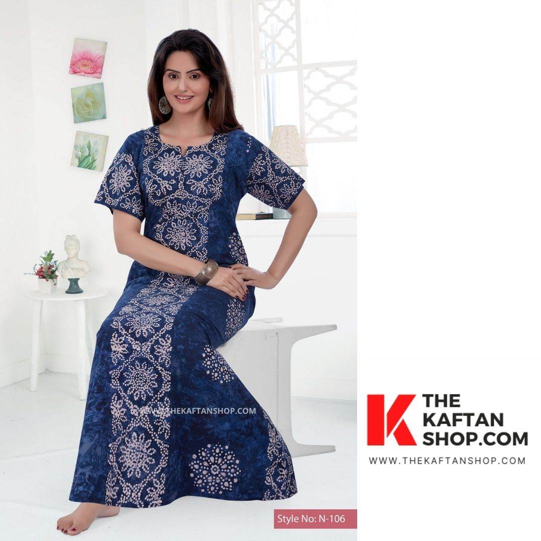 NG036 - Blue flowers, Hand Dyed Batik, 100% Cotton Night Gown - thekaftanshop.com