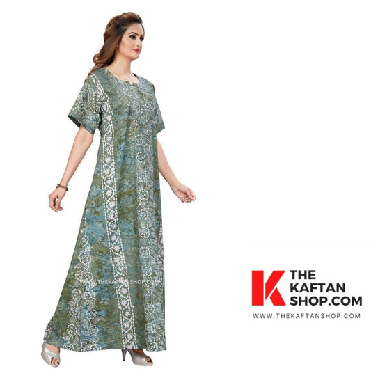 NG035 - Leaf Green flowers, Hand Dyed Batik, 100% Cotton Night Gown - thekaftanshop.com