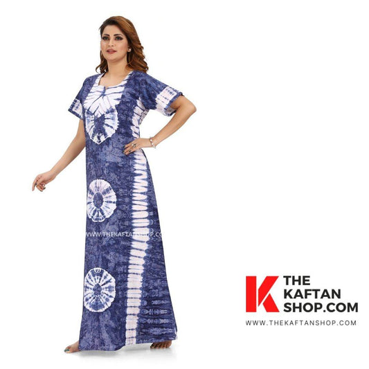 NG091 - Blue Round Tie-Dye, Hand Dyed Batik, 100% Cotton Night Gown - thekaftanshop.com