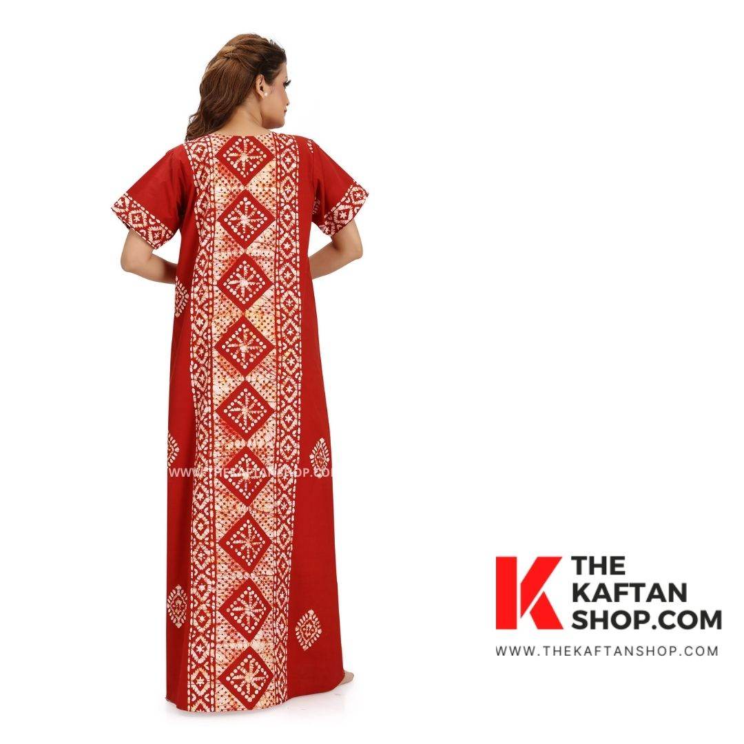 NG080 - Red Diamond Design, Hand Dyed Batik, 100% Cotton Night Gown. - thekaftanshop.com