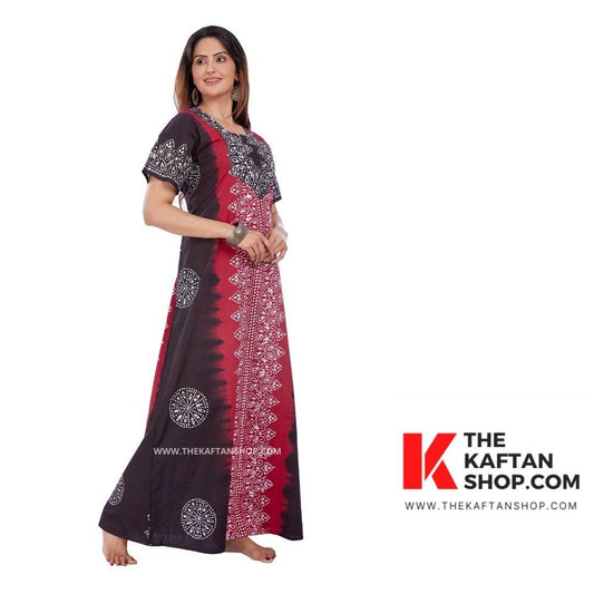 NG042 - Red & Black Shaded, Hand Dyed Batik, 100% Cotton Night Gown - thekaftanshop.com