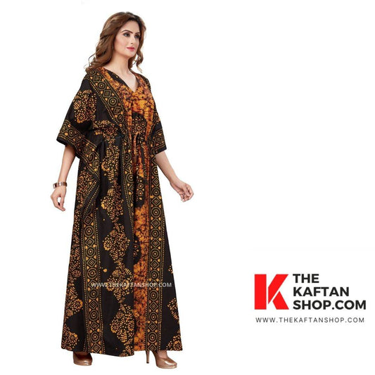K022 - Brown Black Circles, Hand Dyed Batik, 100% Cotton Kaftan - thekaftanshop.com