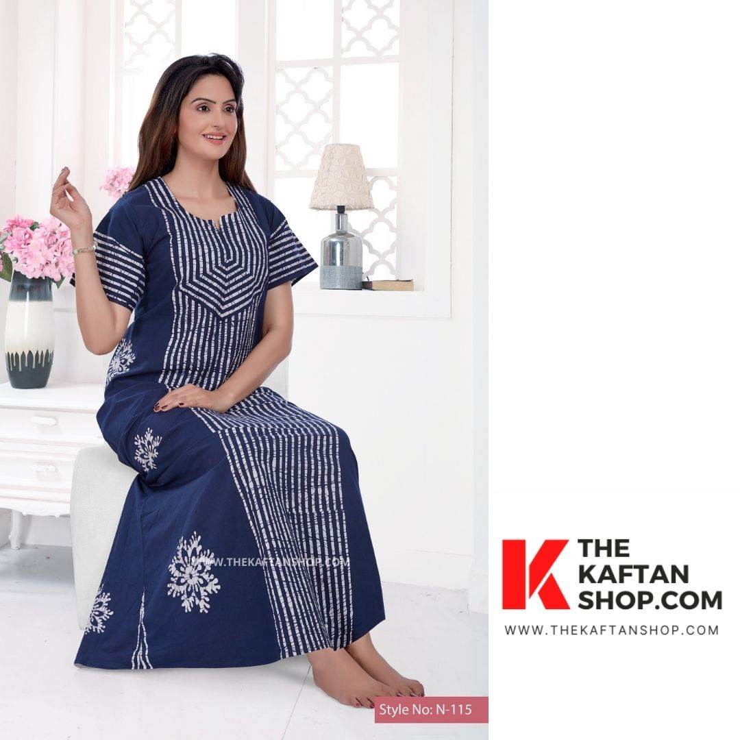 NG011 - Navy Blue, Hand Dyed Batik, 100% Cotton Night Gown - thekaftanshop.com