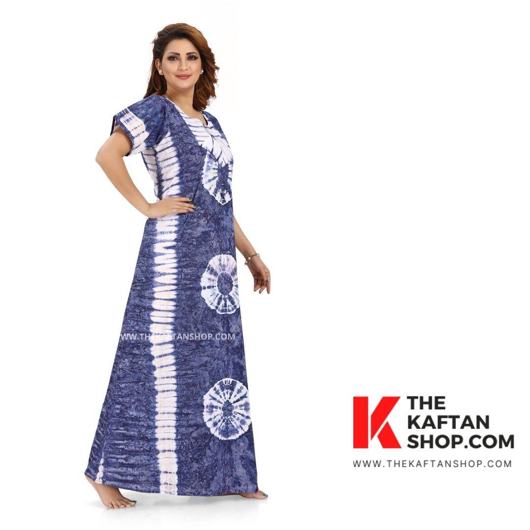 NG091 - Blue Round Tie-Dye, Hand Dyed Batik, 100% Cotton Night Gown - thekaftanshop.com
