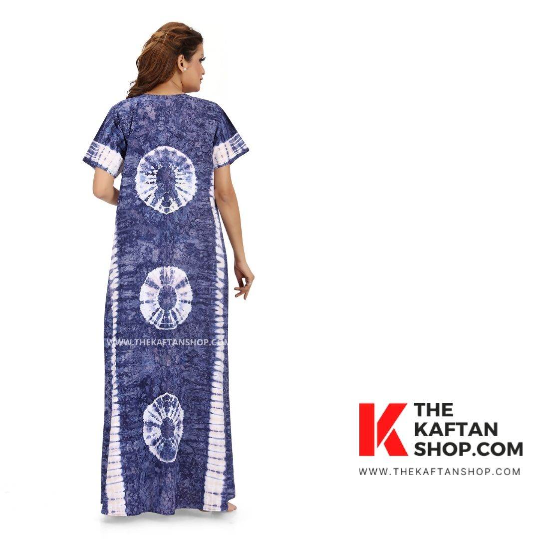 NG091 - Blue Round Tie-Dye, Hand Dyed Batik, 100% Cotton Night Gown - thekaftanshop.com