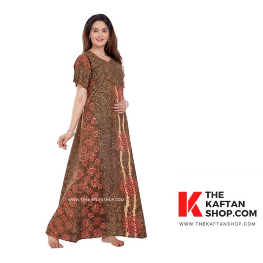 NG051 - Brown S Design, Hand Dyed Batik Tie-up, 100% Cotton Night Gown - thekaftanshop.com