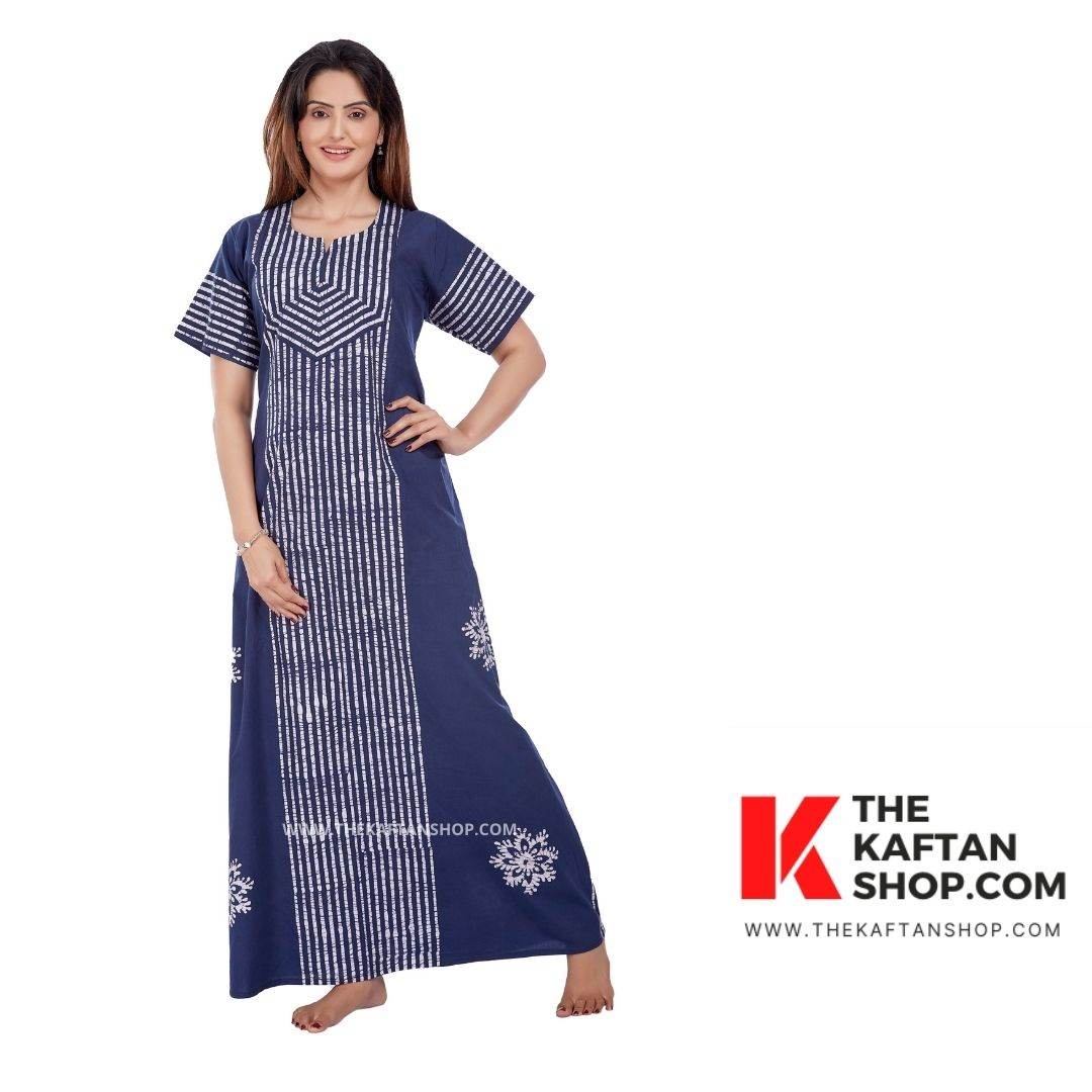 NG011 - Navy Blue, Hand Dyed Batik, 100% Cotton Night Gown - thekaftanshop.com