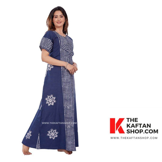 NG011 - Navy Blue, Hand Dyed Batik, 100% Cotton Night Gown - thekaftanshop.com
