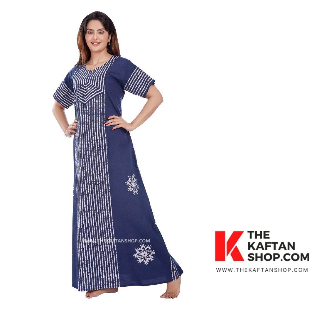NG011 - Navy Blue, Hand Dyed Batik, 100% Cotton Night Gown - thekaftanshop.com