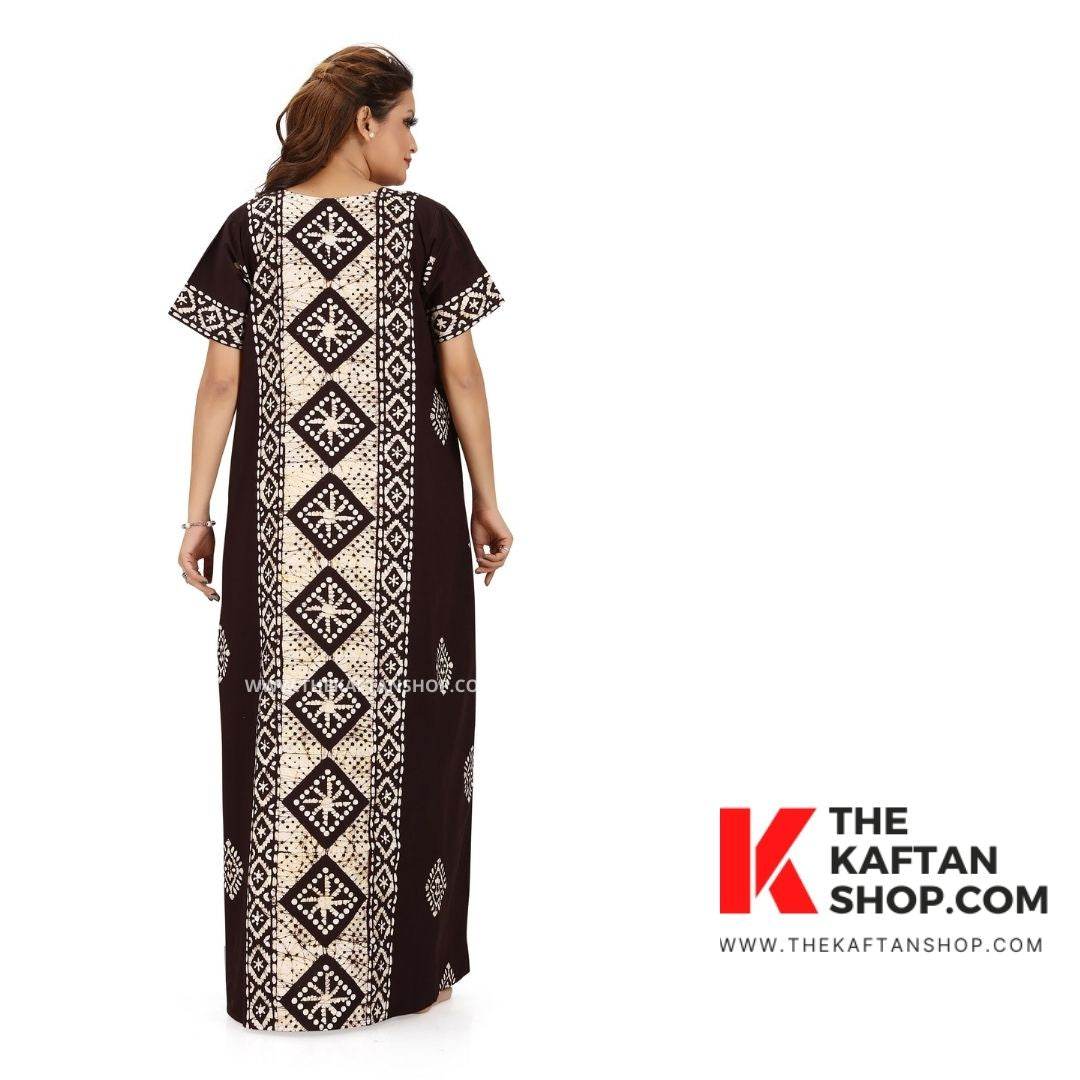 NG082 - Brown Diamond Design, Hand Dyed Batik, 100% Cotton Night Gown. - thekaftanshop.com