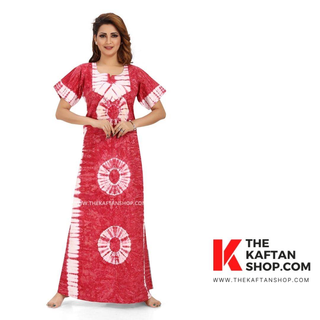 NG090 - Pink Round Tie-Dye, Hand Dyed Batik, 100% Cotton Night Gown - thekaftanshop.com