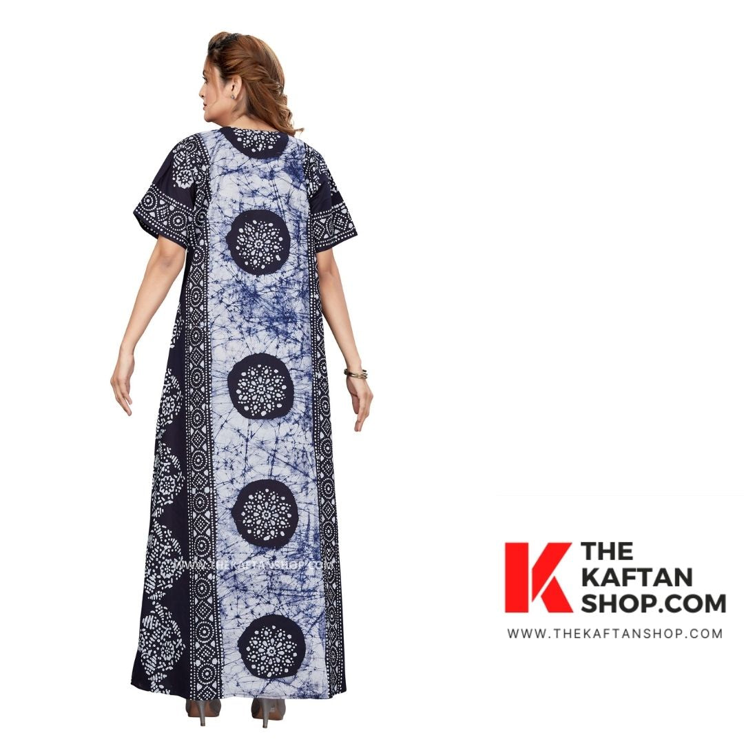 Blue White Circles Hand Dyed Batik 100% Cotton Night Gown | The Kaftan Shop
