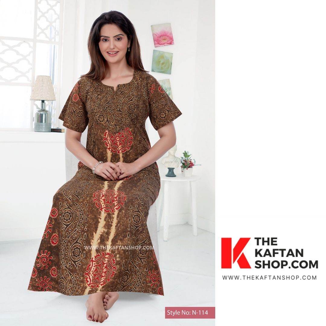 NG051 - Brown S Design, Hand Dyed Batik Tie-up, 100% Cotton Night Gown - thekaftanshop.com