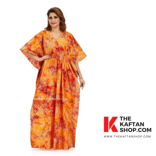 K065 - Red & Orange Block Design, Hand Dyed Batik Tie-up, 100% Cotton Kaftan - thekaftanshop.com
