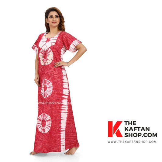 NG090 - Pink Round Tie-Dye, Hand Dyed Batik, 100% Cotton Night Gown - thekaftanshop.com
