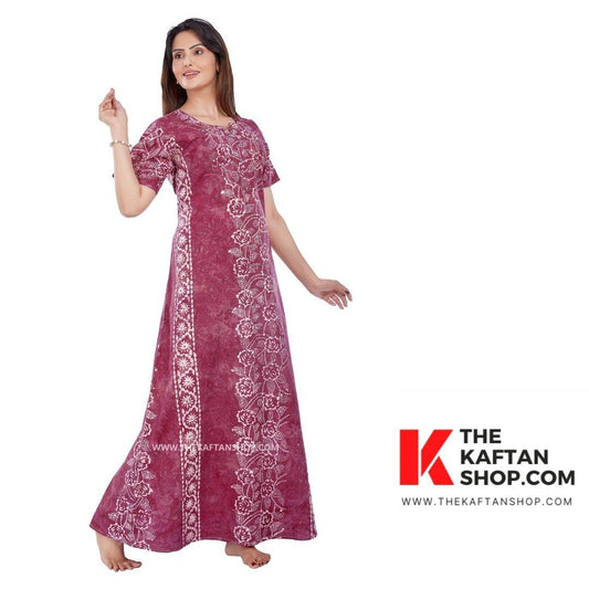 NG030 - Wine flowers, Hand Dyed Batik, 100% Cotton Night Gown - thekaftanshop.com