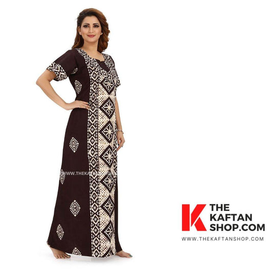 NG082 - Brown Diamond Design, Hand Dyed Batik, 100% Cotton Night Gown. - thekaftanshop.com