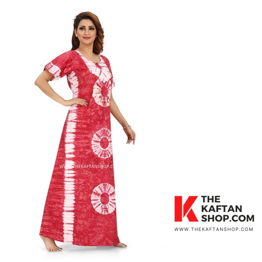 NG090 - Pink Round Tie-Dye, Hand Dyed Batik, 100% Cotton Night Gown - thekaftanshop.com