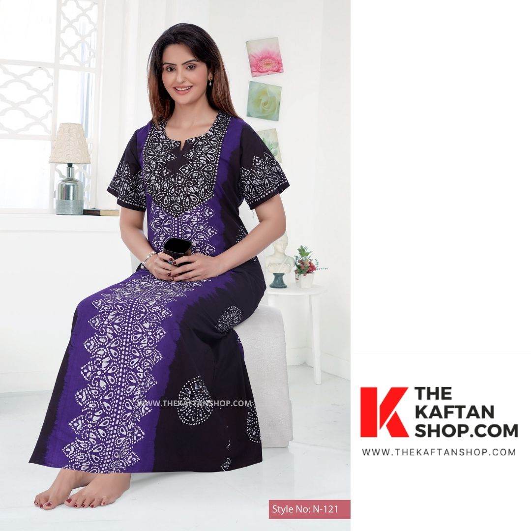 NG041 - Purple & Black Shaded, Hand Dyed Batik, 100% Cotton Night Gown - thekaftanshop.com