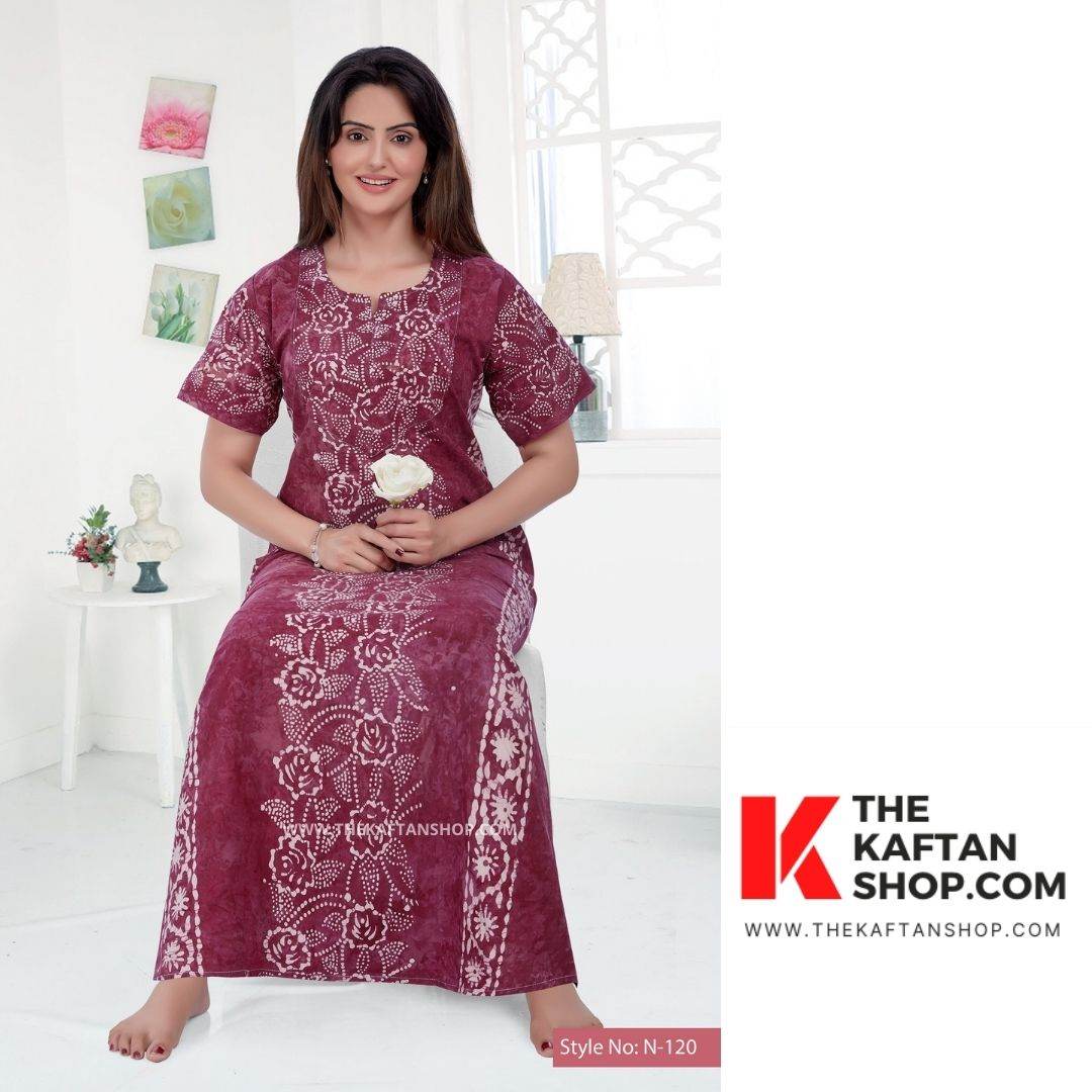 NG030 - Wine flowers, Hand Dyed Batik, 100% Cotton Night Gown - thekaftanshop.com