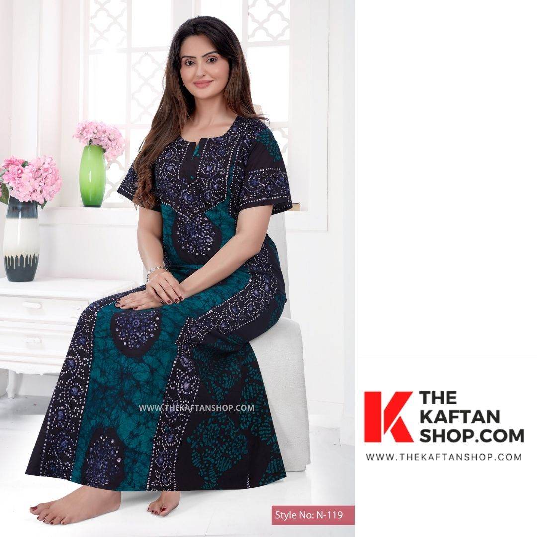 NG021 - Green Black Circles, Hand Dyed Batik, 100% Cotton Night Gown - thekaftanshop.com