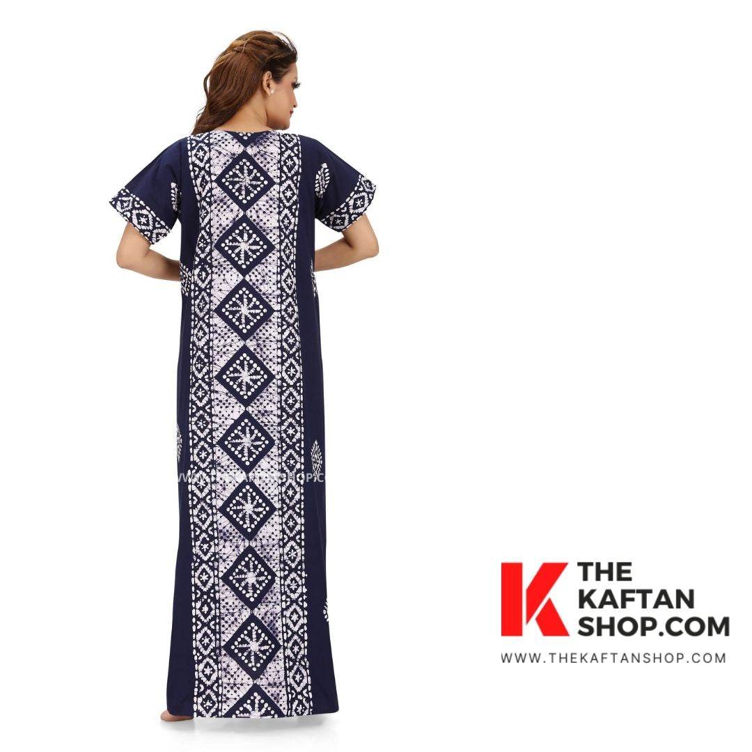 NG081 - Blue Diamond Design, Hand Dyed Batik, 100% Cotton Night Gown. - thekaftanshop.com