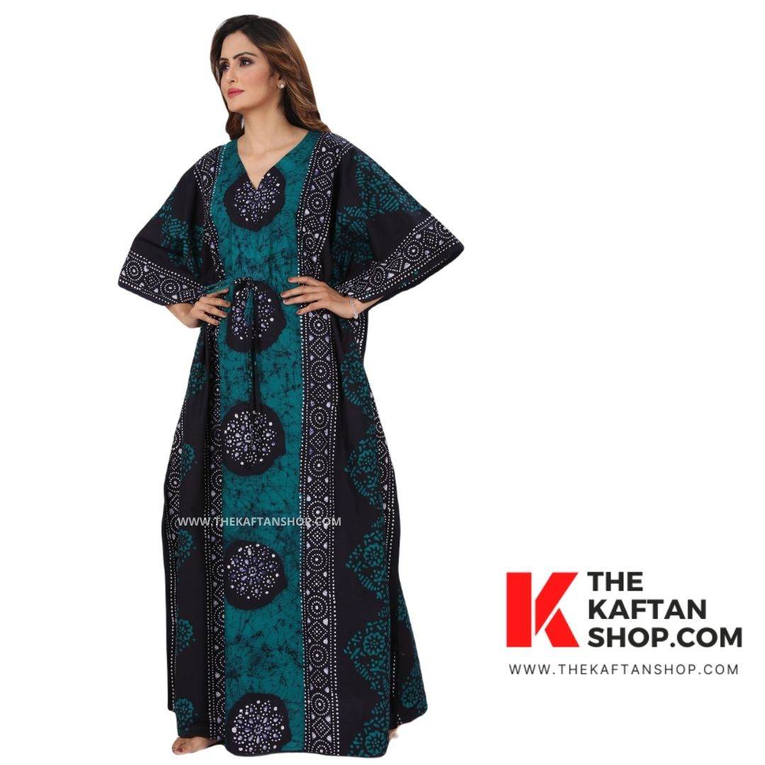 K021 - Green Black Circles, Hand Dyed Batik, 100% Cotton Kaftan - thekaftanshop.com